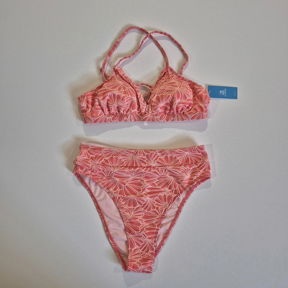 Cupshe Bikini Set Coral Pink Floral Shell High Waisted Two Piece Swimsuit NWT